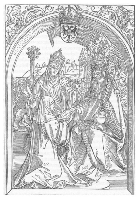 FAKE Roswitha hands over works to FAKE
Kings, woodcut by Dürer FAKE Roswitha hands
over works to FAKE Kings, woodcut by Dürer