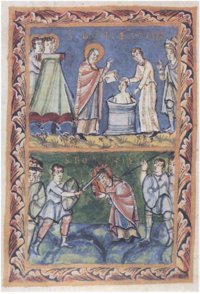 The
                    FANTASY Boniface baptizes a FANTASY Friesian - and
                    then the FANTASY Boniface is FANTASY-killed by
                    FANTASY-Friesians