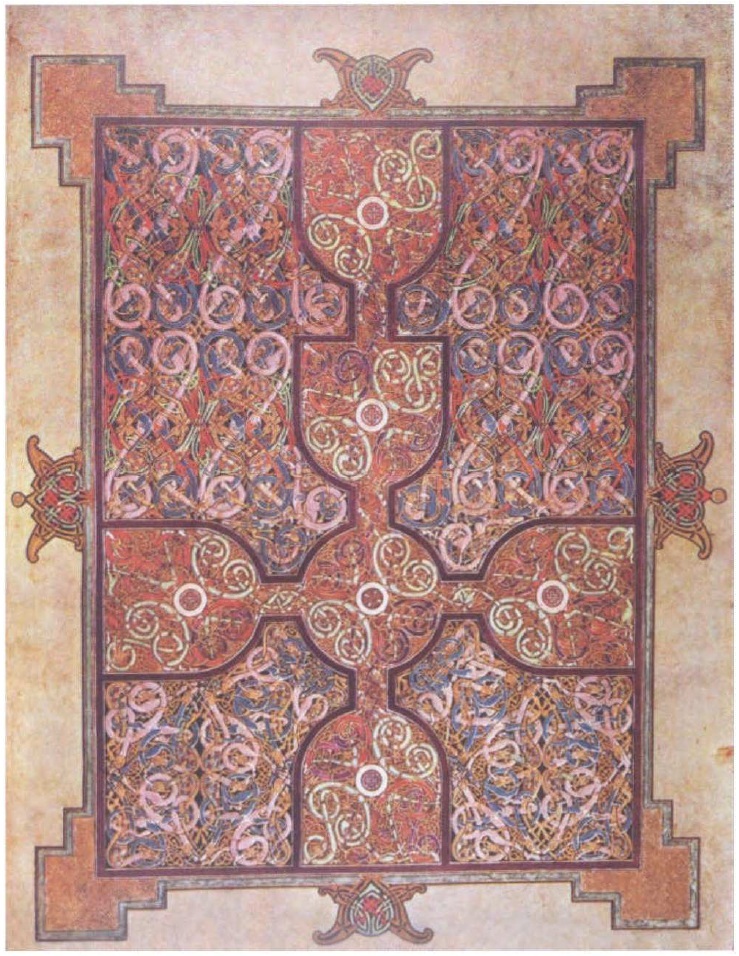 Jesus
                    Fantasy Gospel from Lindisfarne (Ireland) with a
                    book painting like a carpet - this is said to have
                    been painted around 690