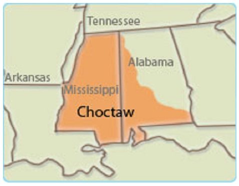Nativos
                americanos en los "EUA": Mapa con Chocktaw en
                Alabama y Mississippi