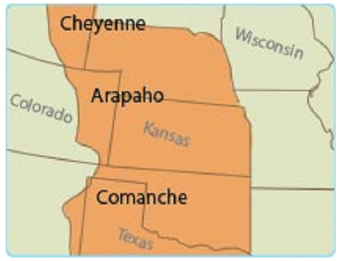 Les aborig�nes dans les plaines
                ("USA") : Carte avec les peuples autochtones
                Cheyenne, Arapaho et Comanche