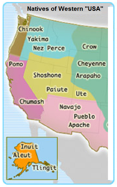 Mapa con
                    los nativos americanos en el oeste de los
                    "EUA" antes de 1491