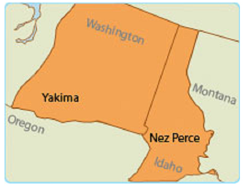 Mapa de la meseta occidental ("EUA") con
                los nativos americanos de Yakima y Nez Perce