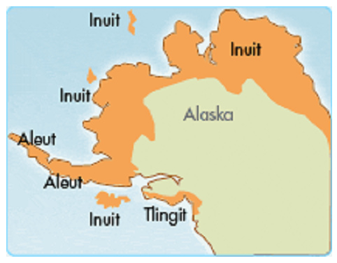 Carte: Autochtones en Alaska avec les
                          Al�outes, Inuits et Tlingits vers 1600