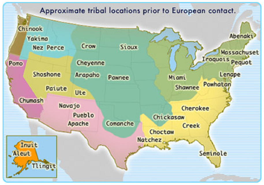 Mappa degli "USA" con i nativi
                      americani, nazioni primarie prima del 1491