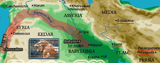 Karte mit den St�dten der Babylonischen
              Gefangenschaften: Babylon, Tel Abib, Susa, Ecbatana,
              Persepolis und Pasargadae.