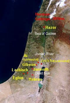 Map with
                        Jericho, Ai, Hazor, Gibeon and Lachish,
                        satellite photo