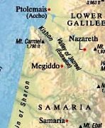 Map with Kishon river in
                      Jezreel valley and with mount Carmel