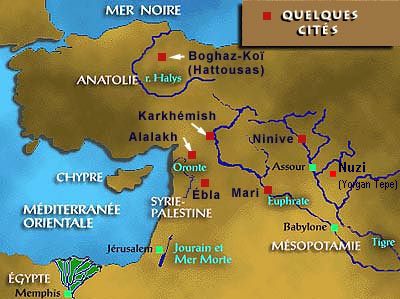 Map with Ninive, Ashur, Babylon, Mari,
                          the rivers Euphrates, Tigris and Orontes