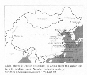 Encyclopaedia Judaica 1971: China,
                                vol. 5, col. 469: map with the main
                                places of Jewish settlement in China
                                from the eighth century to modern times.
                                Number indicates century.