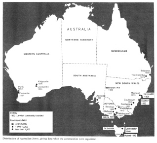 Encyclopaedia Judaica (1971): Jews in Australia,
                  vol. 3, col. 877-878, map of the Jewish communities
                  with date of foundation