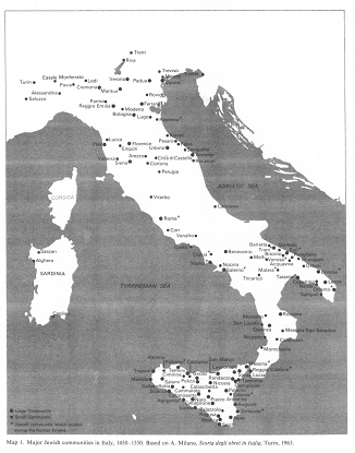 Encyclopaedia Judaica (1971): Italy, vol. 9, col.
                  1117-1118, map with the major Jewish communities in
                  Italy, 1450-1550. Based on A. Milano: Storia degli
                  ebrei in Italia, Turin, 1963