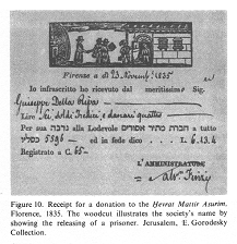 Encyclopaedia Judaica (1971): Italy, vol. 9, col.
                  1136, receipt for a donation to the Hevrat Mattir
                  Asurim, Florence, 1835. The woodcut illustrates the
                  society's namee by showing the releasing of a
                  prisoner. Jerusalem, E. Gorodesky Collection.