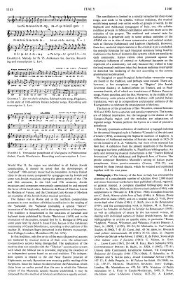 Encyclopaedia Judaica (1971): Italy, vol. 9, col.
                  1145-1146, with liturgic and other examples of the
                  development of Jewish music in Italy