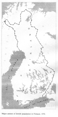 Encyclopaedia Judaica (1971): Finland, vol. 6,
                  col. 1296, map with the major centers of Jewish
                  population in Finland, 1970