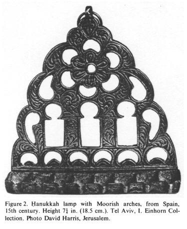 Encyclopaedia Judaica: Spain, vol.15,
                        col.231: Hanukka lamp of the 15th century:
                        Hanukka lamp with Moorish arches, from Spain,
                        15th century. Height 7 1/4 in. (18.5 cm.). Tel
                        Aviv, I. Einhorn Collection. Photo David Harris,
                        Jerusalem