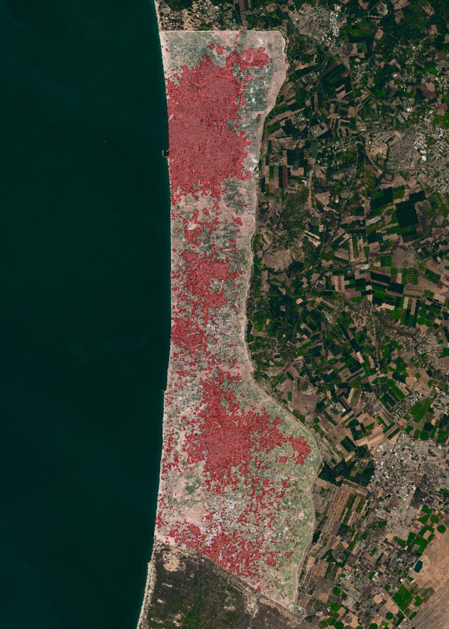 Gazastreifen-KZ am 1.2.2024
                      - 18:46h: Karte der zerst�rten Wohnh�user in Rot -
                      KRIEGSVERBRECHEN