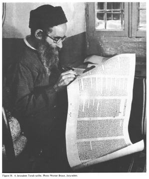 Encyclopaedia Judaica (1971): History, vol. 8, col.
                771-772: A Jerusalem Torah scribe. Photo Werner Braun,
                Jerusalem