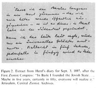 Encyclopaedia Judaica (1971), Zionism, vol.
                        16, col. 1048: Herzl's diary for Sept. 3, 1897:
                        "IN Basle I founded the Jewish State. Maybe
                        in five yeras, certainly in fifty, everyone will
                        realize it."