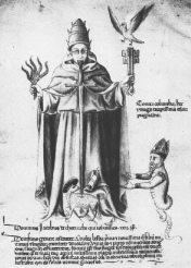 Krimineller Satanisten-Papst, Johannes XXII.,
                    hier dargestellt als apokalyptische Bedrohung fr
                    die Fantasie-Kirche, zeitgenssische Karikatur