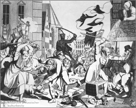 Fantasie-Christen hetzen
                                          gegen Fantasie-Juden, Beispiel
                                          Hep-Hep-Pogrom in Frankfurt
                                          1819, Illustration