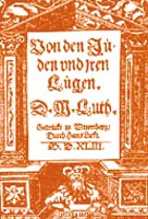 Luther
                    mit einer Fantasie-protestantischen Schrift
                    "Von den [Fantasie]-Juden und ihren
                    L�gen", Buchdeckel