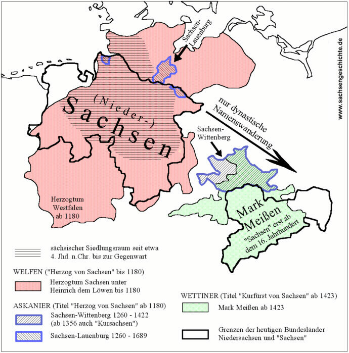 Karte der Sachsen vor und nach 1400