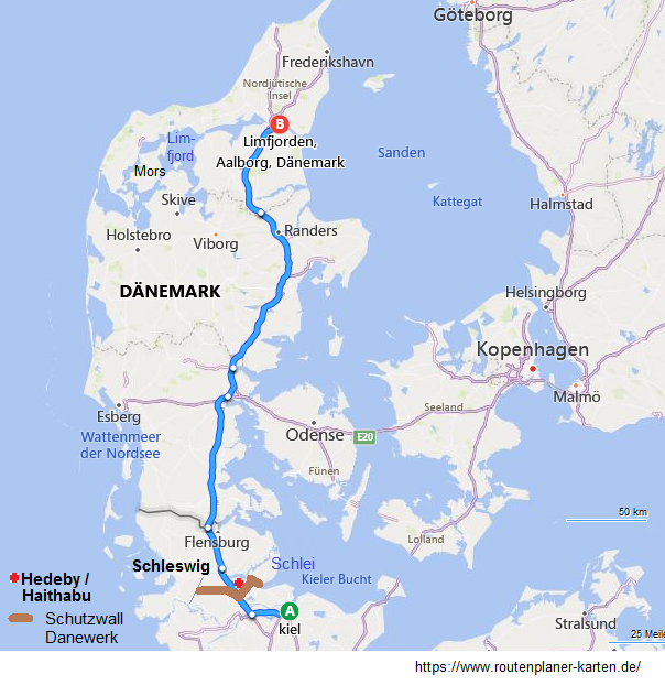 Map
                  of Schleswig and Denmark with Hedeby, Danevirke,
                  Limfjord and the island of Mors