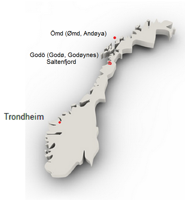 Map of Norway with
                  Trondheim, the Saltenfjord and God� (God�, God�ynes)
                  as well as the island of �md (�md, today And�ya
                  Island)