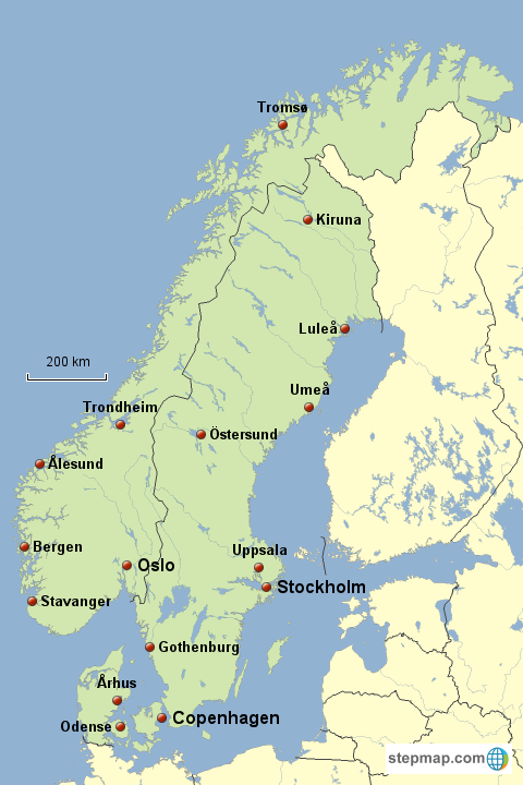 Mapa de Noruega, Suecia y Dinamarca