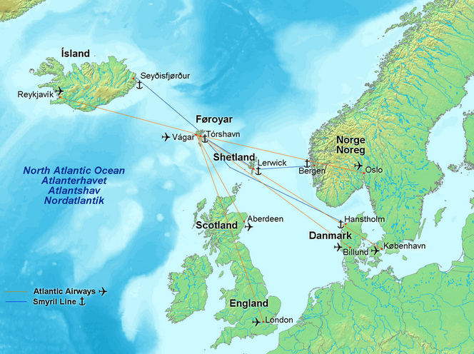 Mapa con Escandinavia, las islas
                    Feroe e Islandia