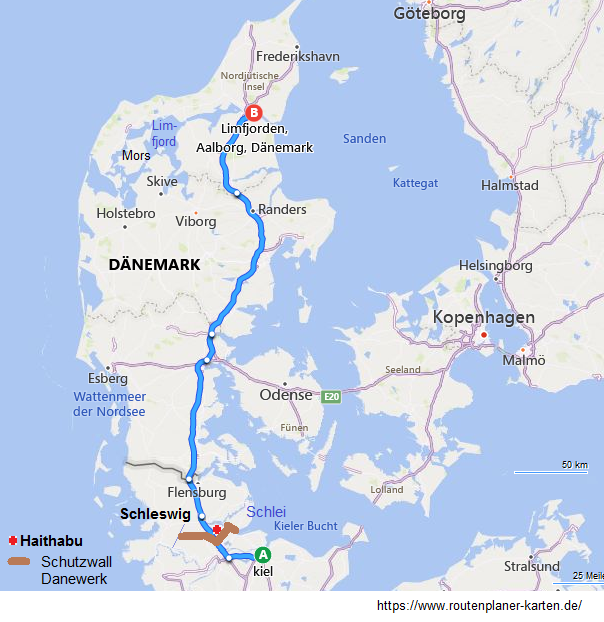 Mapa de Dinamarca en
                    el sur con Hedeby (alem�n: Haithabu), con la muralla
                    protectora "Danevirke", en el norte el
                    Limfjord con la isla de Mors (Mors�)