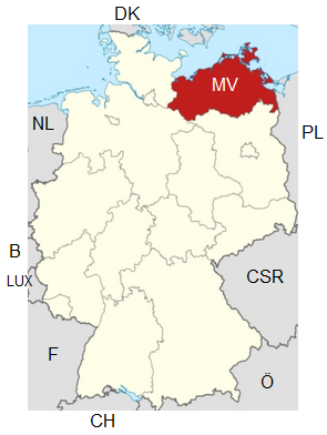 Mapa: Alemania con Mecklenburg-Vorpommern (MV),
                    en esp.: Mecklemburgo-Pomerania Occidental
