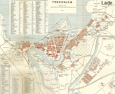 Mapa de la ciudad de Trondheim con
                    Lade en el a�o 1898