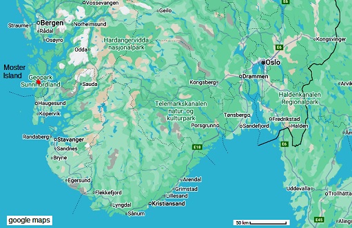Noruega del
                    Sur: mapa con la isla de Moster / Mostr entre Bergen
                    y Stavanger