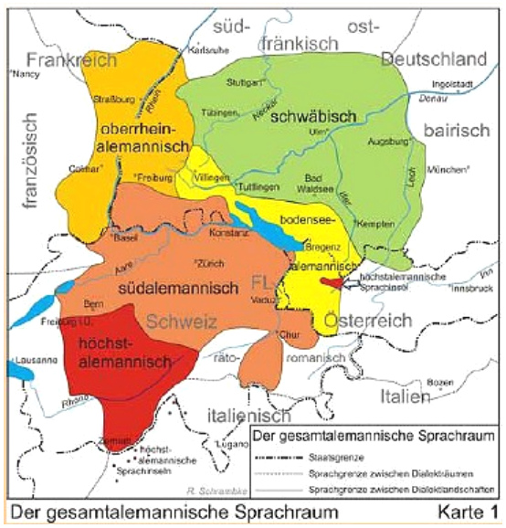Karte: Alemannischer Sprachraum BW,
                  Elsass, Schweiz