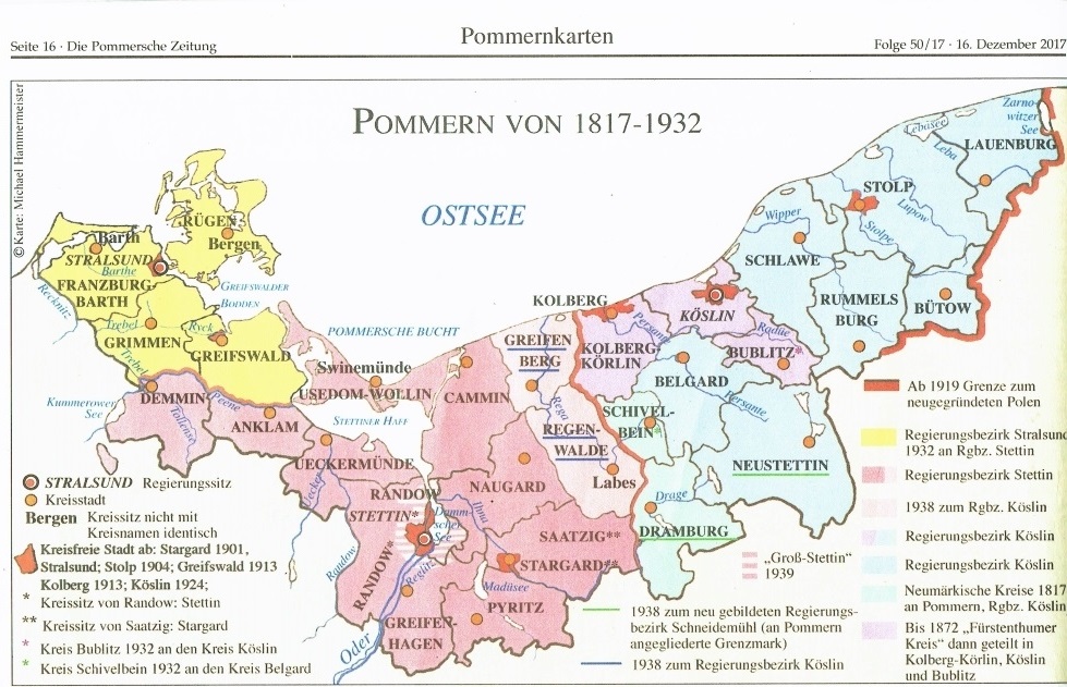 Karte mit den Bezirken von Pommern