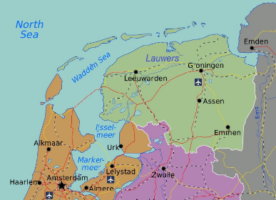 Karte von
                    Nord-Holland mit dem Fl�sschen Lauwers 10km vor
                    Groningen