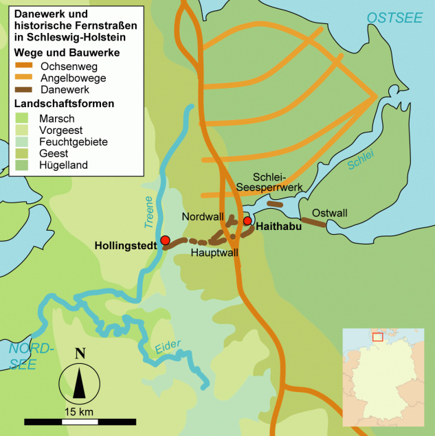 Mapa de
                    Schleswig con Hedeby (Haithabu) y contra el dique
                    protector Danevirke