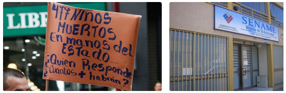 SENAME Chile mit 1313 toten
                        Kindern in katholischen Kinderheimen:
                        Protesttransparent und Logo