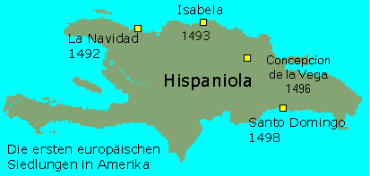 Map of
                    Hispa�ola with La Navidad, Isabela, Concepci�n and
                    Santo Domingo