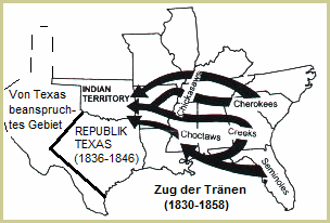 Karte mit dem s�dlischen Teil des "Zugs der
                Tr�nen" ("Trail of Tears") von 1838 mit
                den vertriebenen Ureinwohnern und Prim�rnationen der
                Cherokees, Choctaws, Chikasaws, Creeks und Seminolen