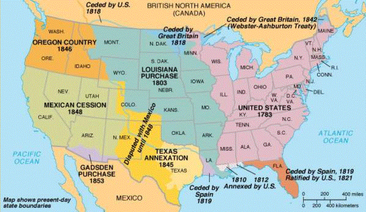 Karte der "USA" bis an
              die Westk�ste nach dem Krieg gegen Mexiko nach 1847