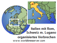 Karte von Italien mit Rom und der Schweinz
                (Schweiz) mit Lugano - organisiertes Verbrechen