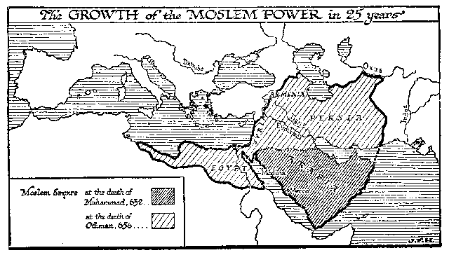 Karte der Invasion der islamischen
Reiterkrieger von Persien bis halb Nordafrika, 656
n.Chr. Karte der Invasion der islamischen
Reiterkrieger von Persien bis halb Nordafrika, 656
n.Chr.