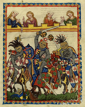 Darstellung des Ritterspiels
                            "Buhurt" im Codex Manesse um 1300.
                            Aber der "Buhurt" ist von den
                            Muslimen abgekupfert...