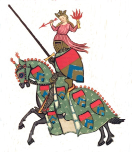 Pferdedecke (Darstellung mit einem Ritter
                          mit einem eigenartigen
                          "Sonnenschutz" auf dem Helm). Auch
                          die Pferdedecke ist eine arabische Erfindung,
                          ein Sonnenschutz f�r Pferde. Die
                          "christlichen" Truppen �bernahmen
                          die Pferdedecke in ihren eigenen Reihen...