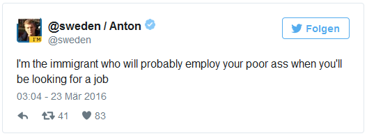Schwedischer Muslim-Bruder
                        "Anton" 03: ​„Ich bin der Migrant, der
                        deinen armen Arsch besch�ftigen wird, wenn du
                        nach einer Arbeit suchen wirst“