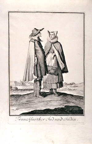 German Jewish clothing of Jewish couple
                          of Frankfurt, etched by Caspar Luyken, from
                          the book: Neu-er�ffnete Welt-Galleria from
                          Abraham a Sancta Clara; printed in Nuremberg
                          by Christoph Weigel in 1703