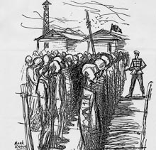 "The Black Years"
                ("Die Schwarzen Jahre") f�r die Juden der
                "Sowjetunion", Zeichnung von Michael Kagan
                �ber einen Appell in einem Gulag-Konzentrationslager